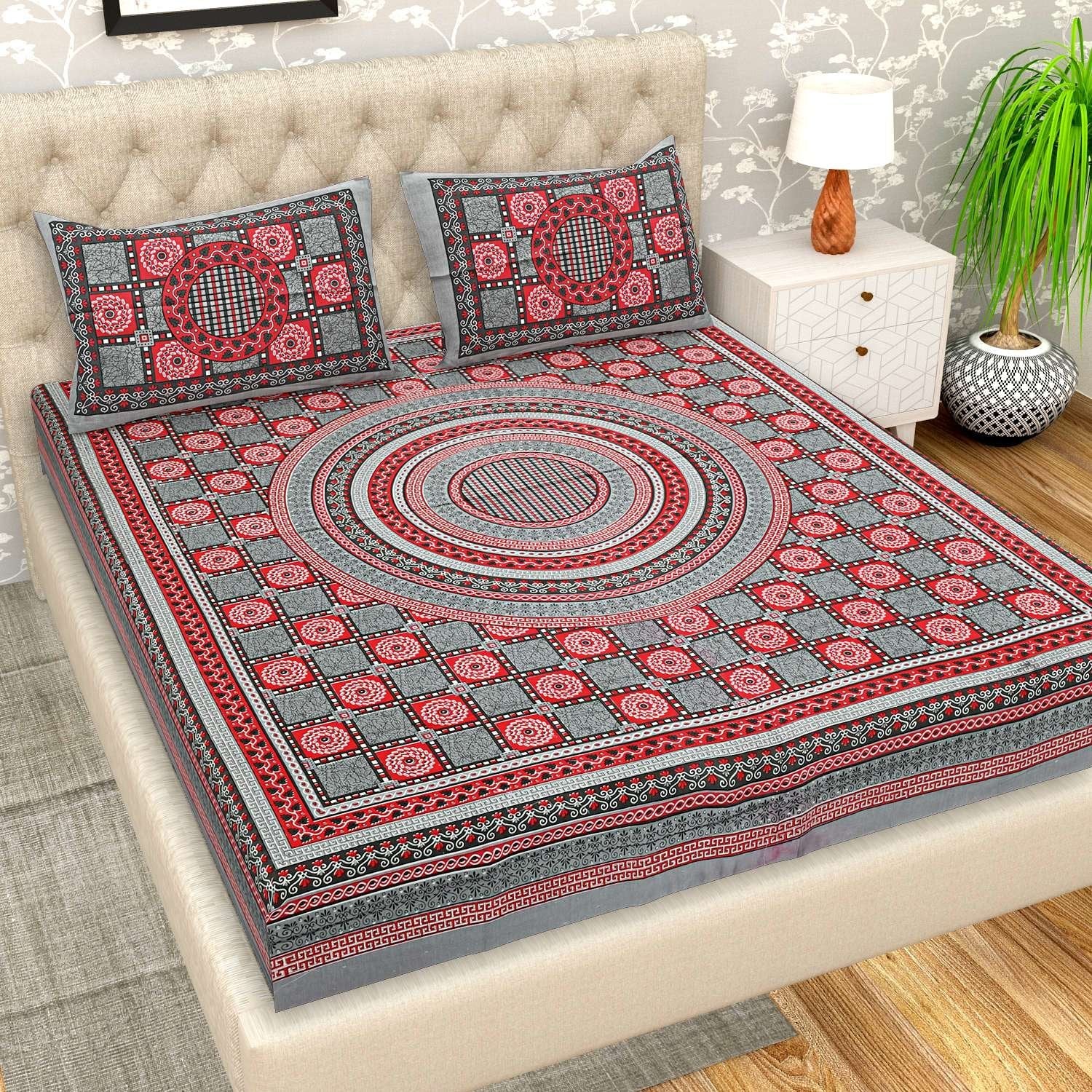 100% Pure Cotton Traditional Printed Bedsheet for Double Bed King Size Bedsheet with 2 Pillow Covers