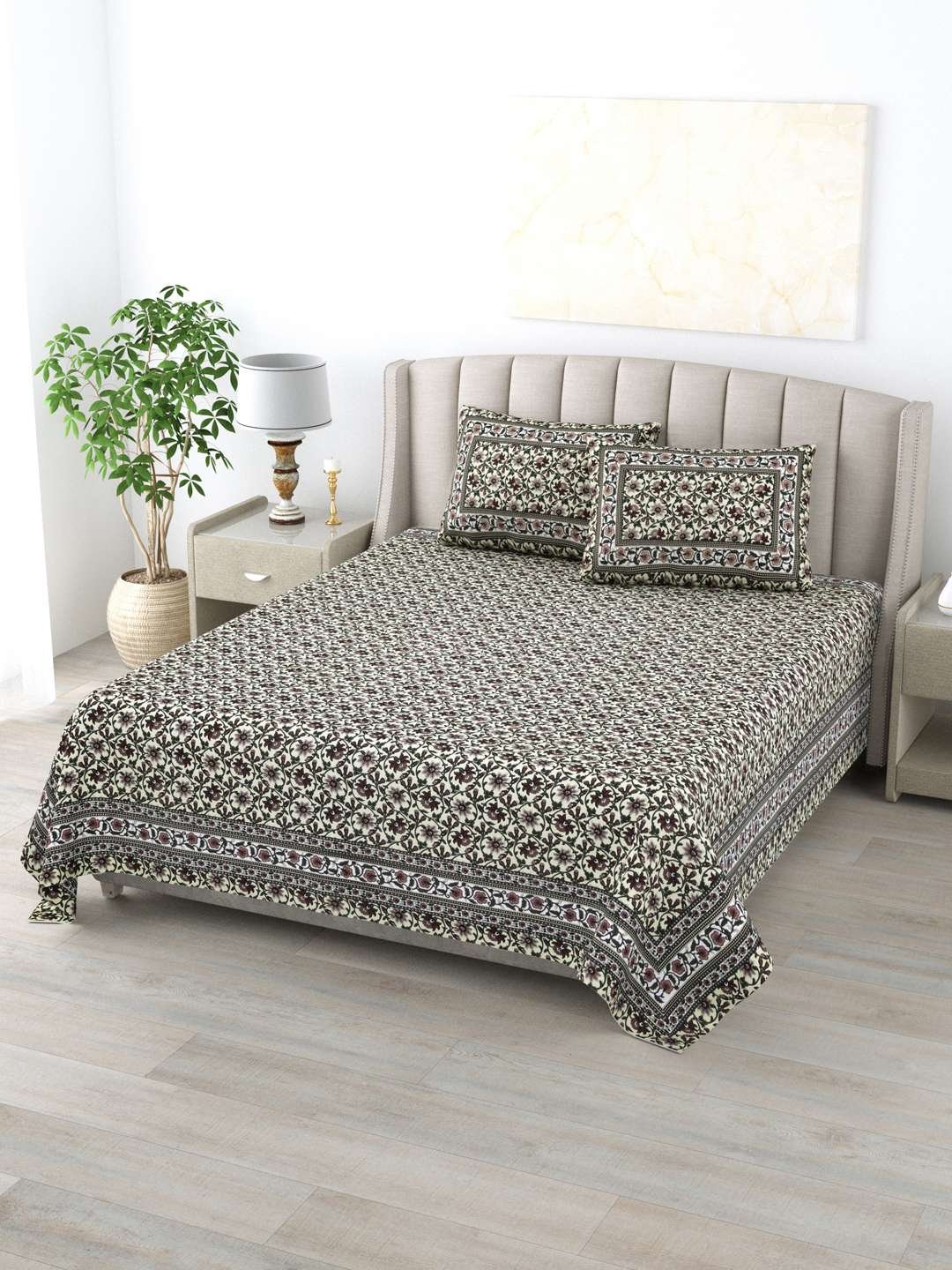 100% Pure Cotton Traditional Printed Bedsheet for Double Bed King Size Bedsheet with 2 Pillow Covers
