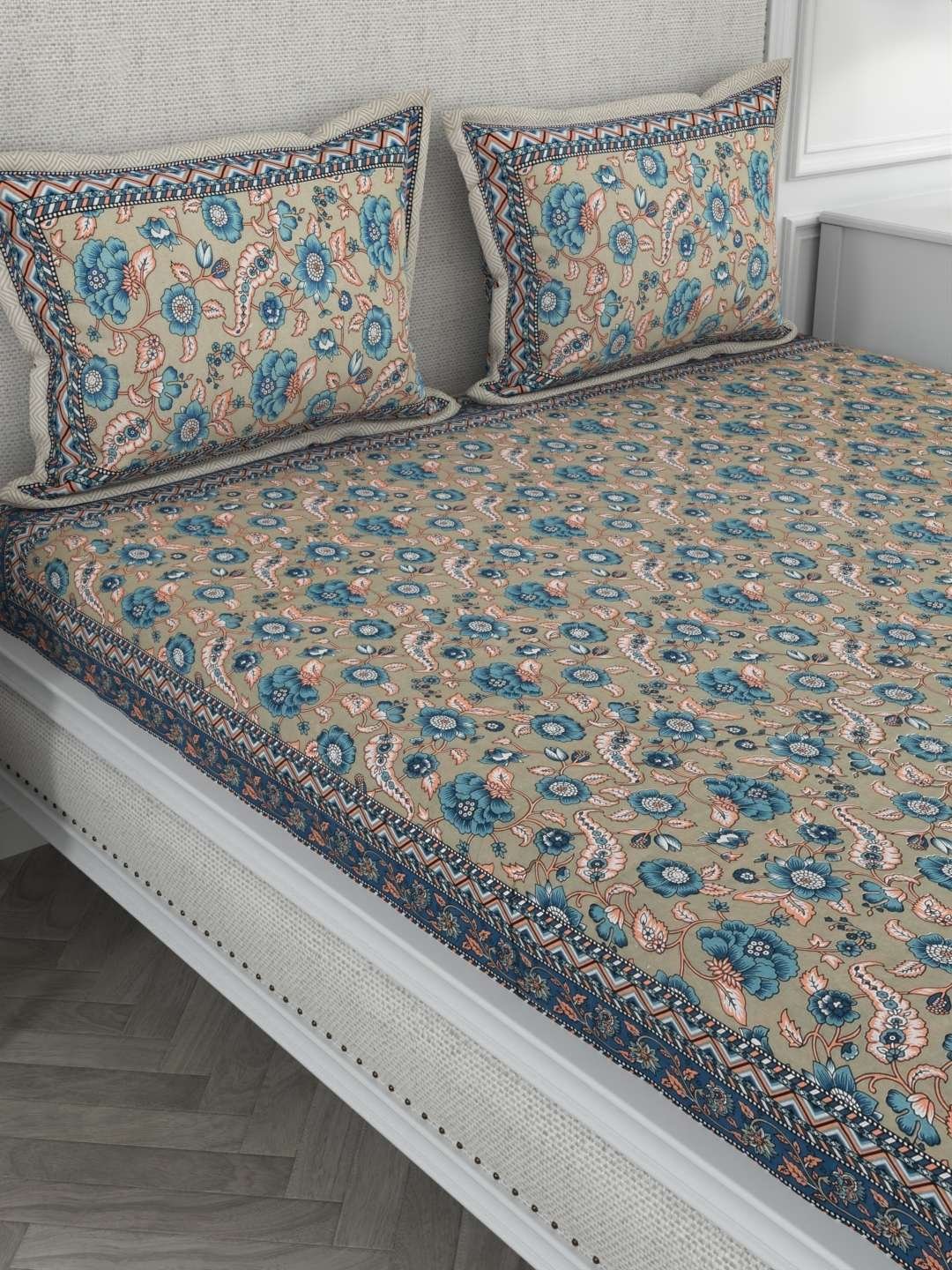 100% Pure Cotton Traditional Printed Bedsheet for Double Bed King Size Bedsheet with 2 Pillow Covers