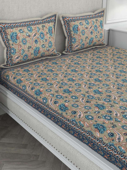 100% Pure Cotton Traditional Printed Bedsheet for Double Bed King Size Bedsheet with 2 Pillow Covers