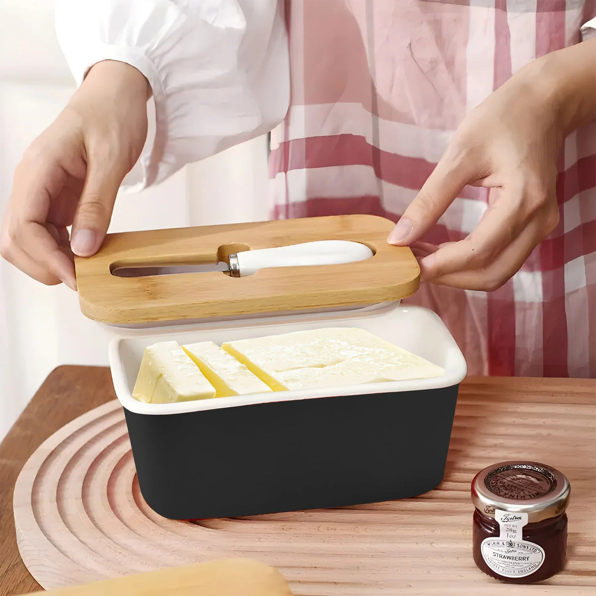 UMAI Ceramic Butter Dish with Wooden Lid & SS Knife | Fridge Storage | Airtight | Black