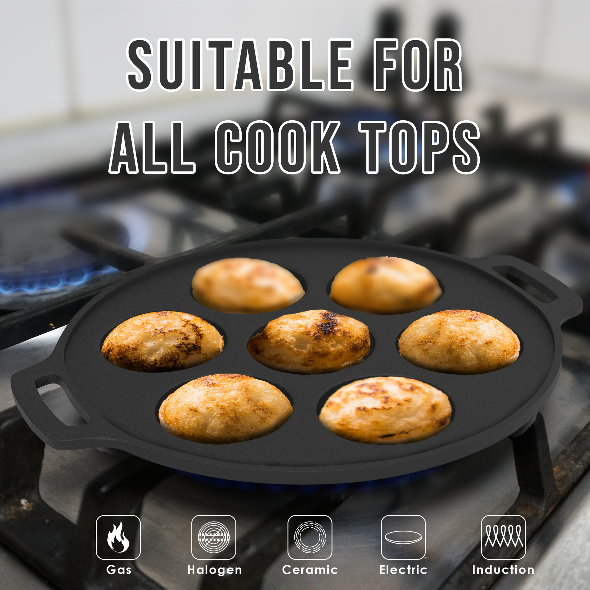 Esspy 7 Pit Pre-Seasoned Cast Iron Paniyaram Pan With Silicon Handle & Glass Lid| Non-stick | Induction Friendly | Appe/Paddu Pan | 100% Pure & Toxin-Free | Gunta Ponganalu/Paddu | Cast Iron Cookware