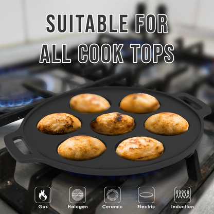 Esspy 7 Pit Pre-Seasoned Cast Iron Paniyaram Pan With Silicon Handle & Glass Lid| Non-stick | Induction Friendly | Appe/Paddu Pan | 100% Pure & Toxin-Free | Gunta Ponganalu/Paddu | Cast Iron Cookware