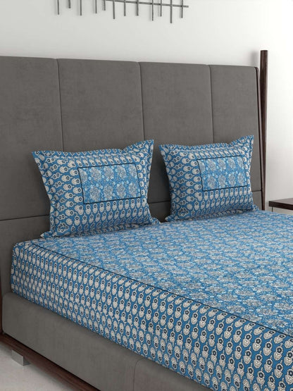 100% Pure Cotton Traditional Printed Bedsheet for Double Bed King Size Bedsheet with 2 Pillow Covers
