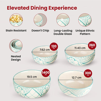 USHA SHRIRAM Ceramic Bowl for Snack Dinner 4pcs (1400ml 300ml 260ml 120ml) Ramen Soup Microwave Safe Mixed Sizes