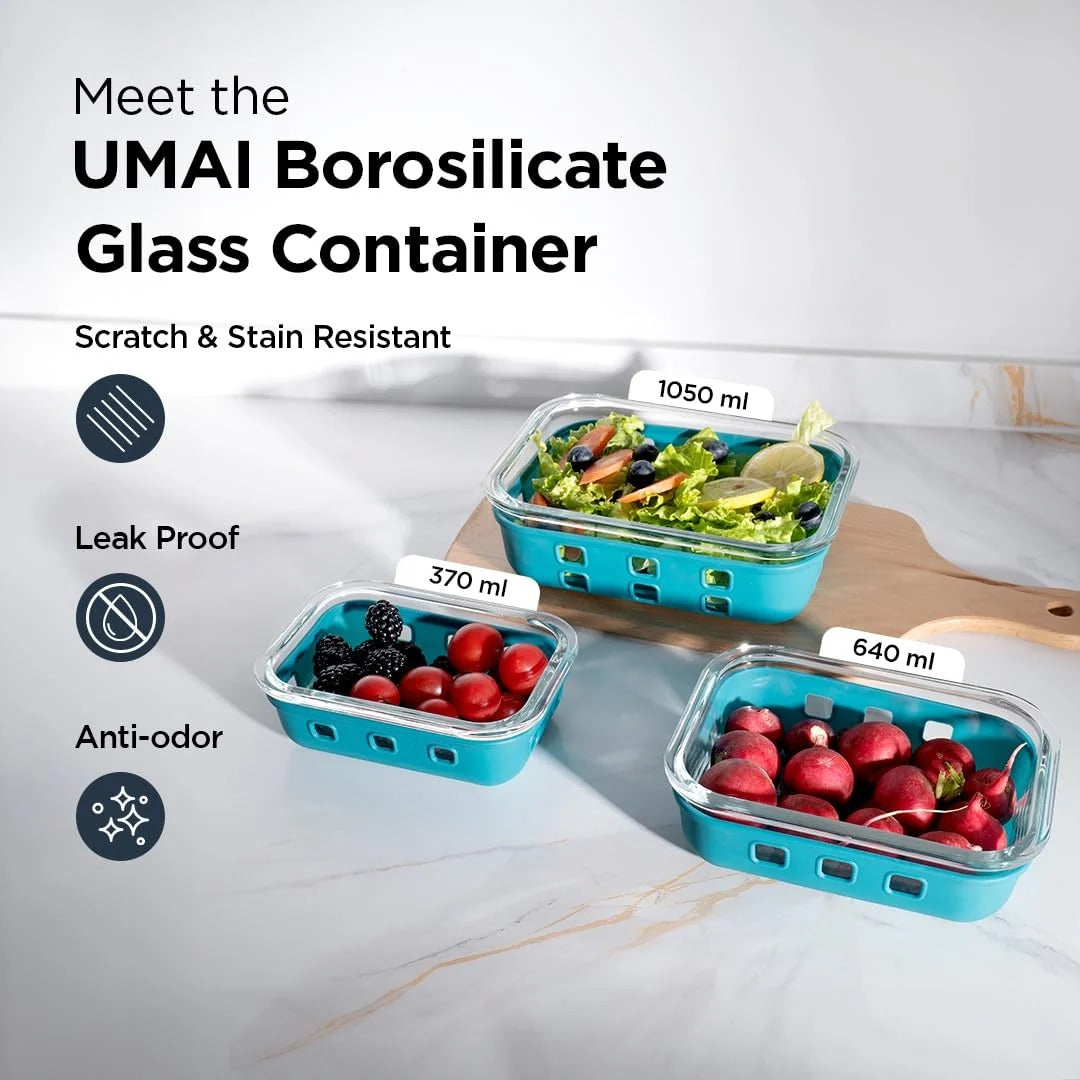 UMAI Glass Food Containers Set of 3 | Blue Silicone Sleeves | Lock Lids | 370ml 640ml 1050ml | Microwave Safe