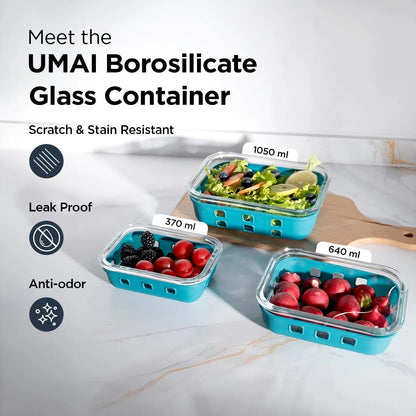 UMAI Glass Food Containers Set of 3 | Blue Silicone Sleeves | Lock Lids | 370ml 640ml 1050ml | Microwave Safe
