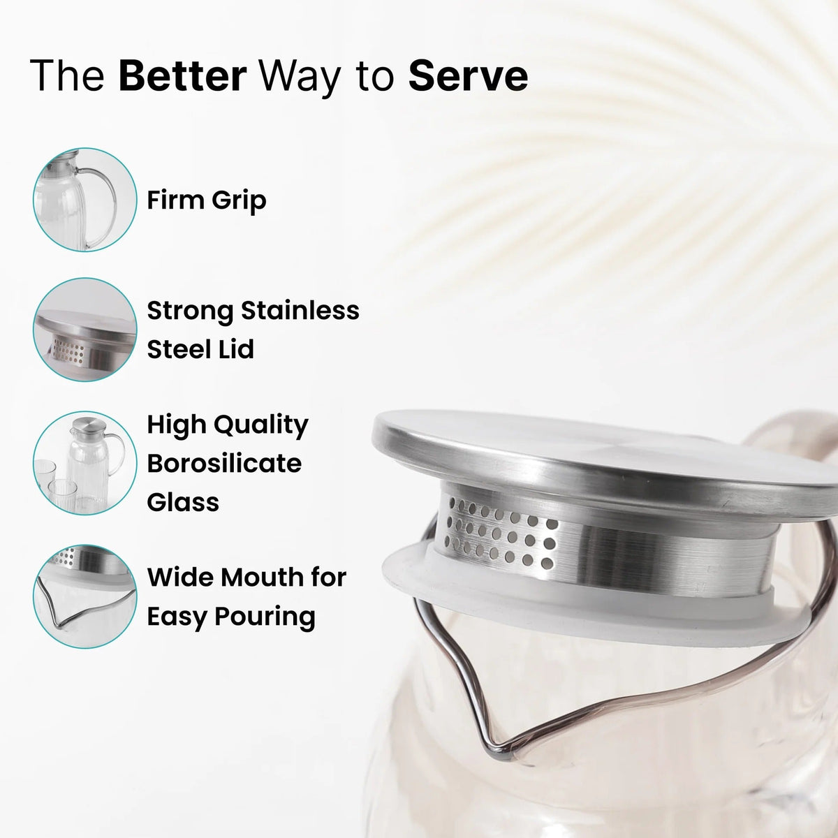 UMAI Borosilicate Jug Set Jug 1600ml + 4 Glasses 260ml Glass Water Jug with Lid Designer