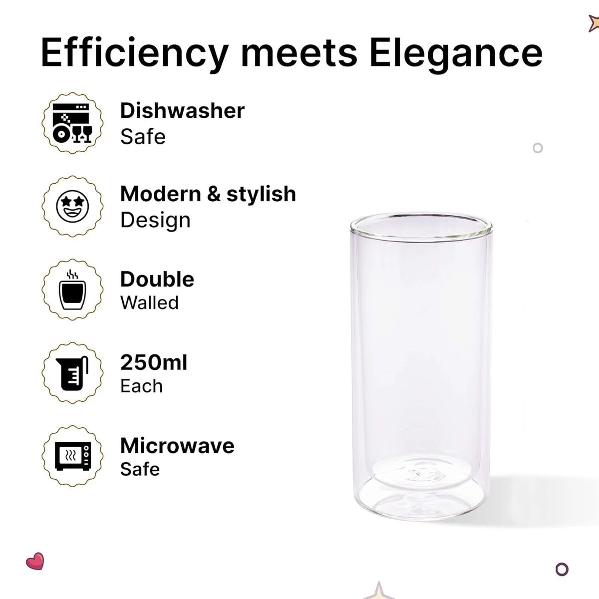 Kuber Industries 6 Pcs Double Walled Borosilicate Tumblers 250ml | Pack of 3 | Transparent