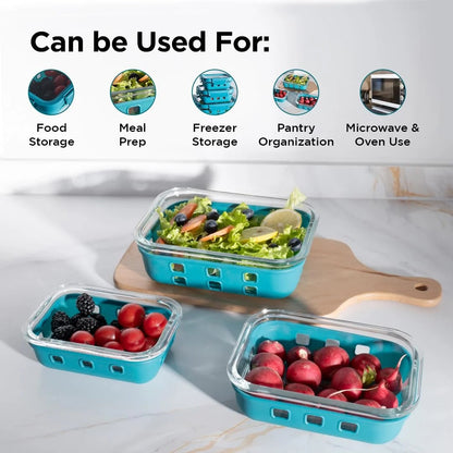 UMAI Glass Food Containers Set of 3 | Blue Silicone Sleeves | Lock Lids | 370ml 640ml 1050ml | Microwave Safe