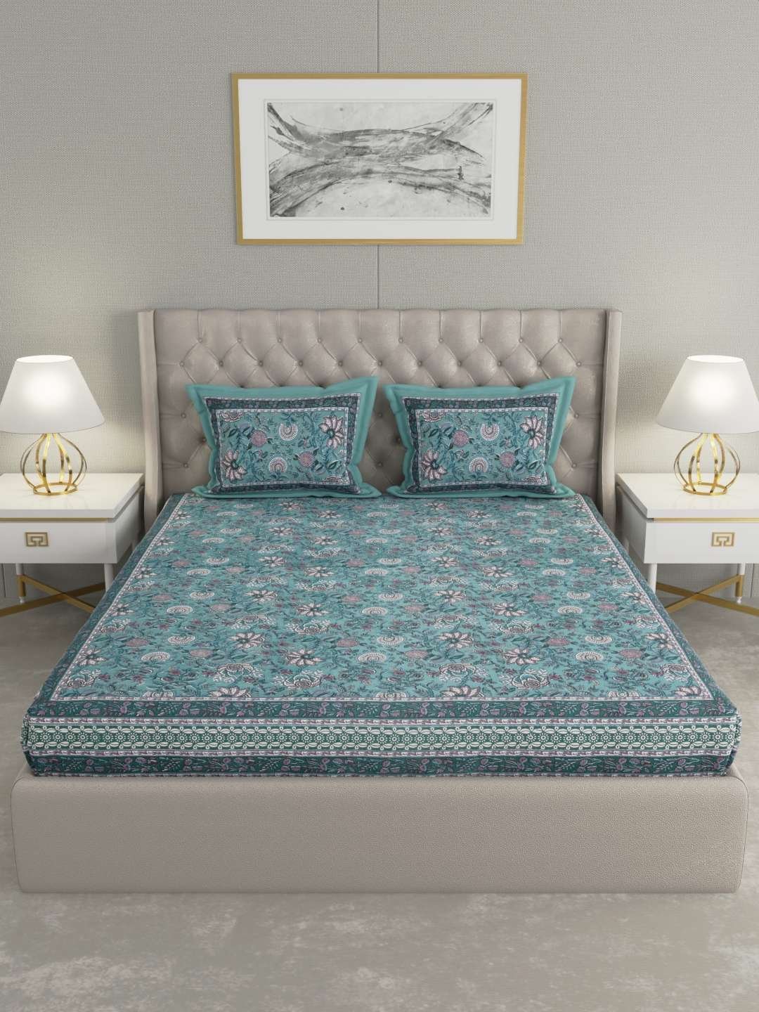 100% Pure Cotton Traditional Printed Bedsheet for Double Bed King Size Bedsheet with 2 Pillow Covers
