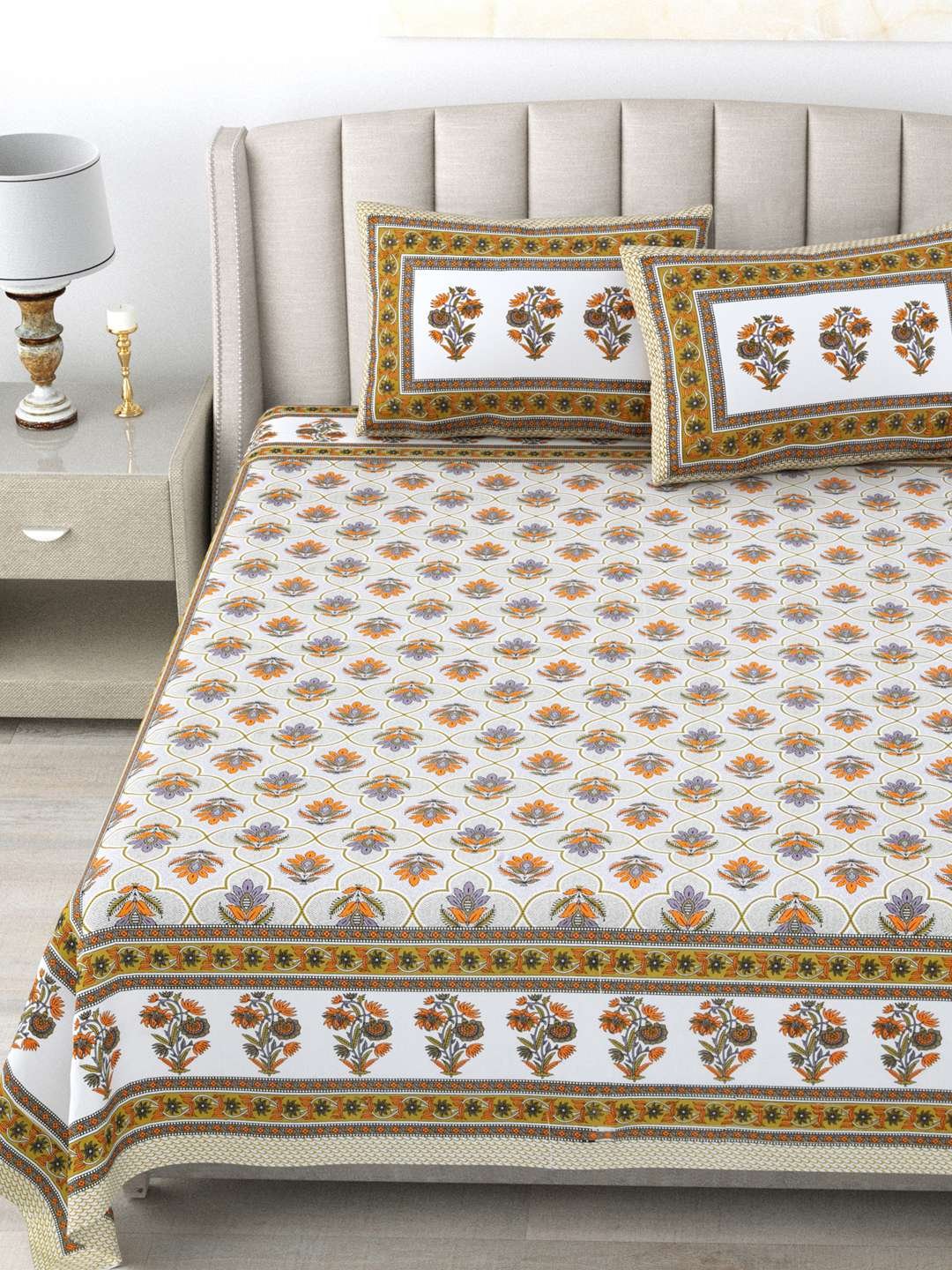 100% Pure Cotton Traditional Printed Bedsheet for Double Bed King Size Bedsheet with 2 Pillow Covers