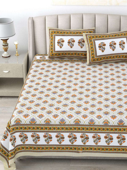 100% Pure Cotton Traditional Printed Bedsheet for Double Bed King Size Bedsheet with 2 Pillow Covers