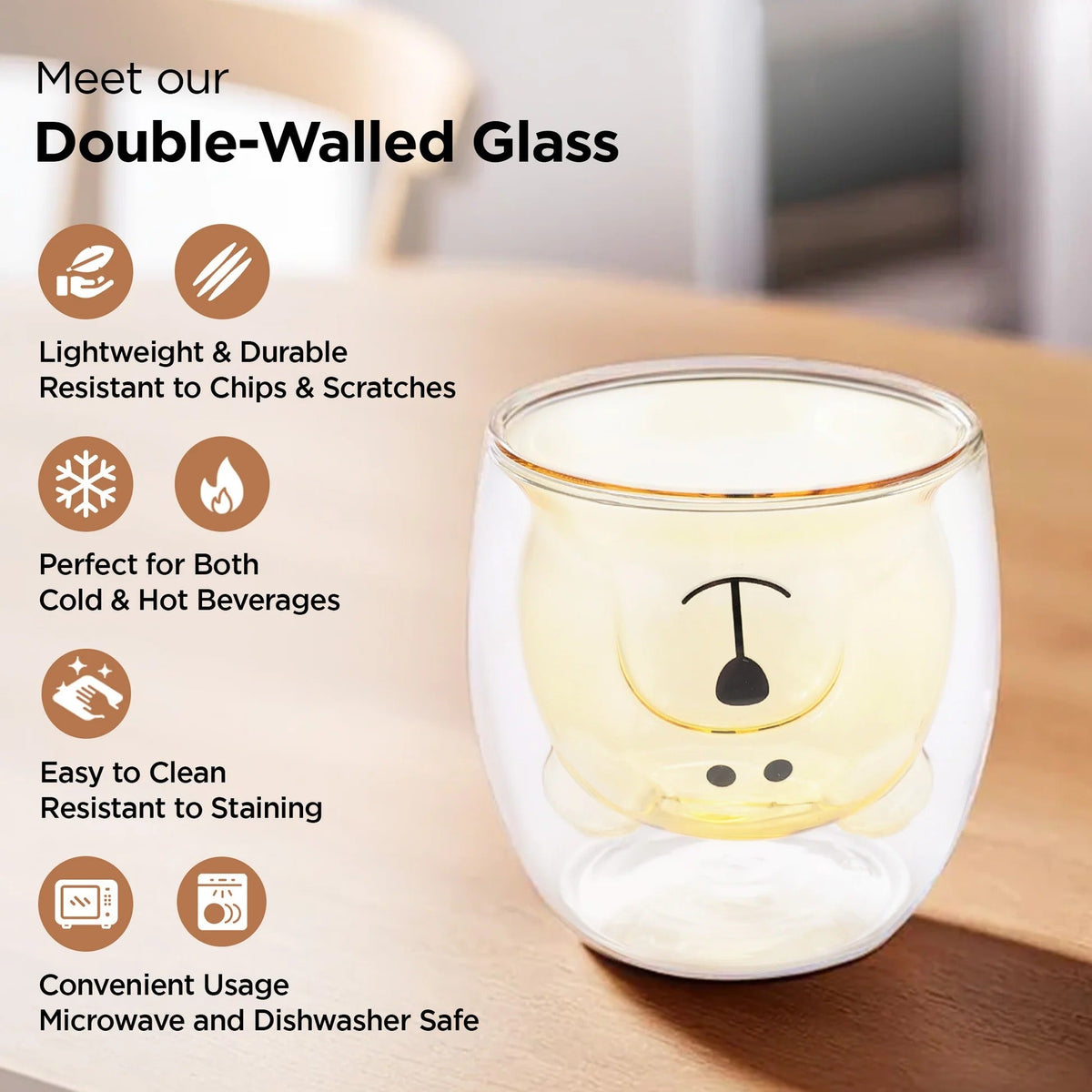 UMAI Cute Teddy Bear Double Walled Borosilicate Glass Mug Set of 2 (250ml) | Yellow
