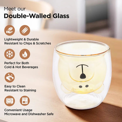 UMAI Cute Teddy Bear Double Walled Borosilicate Glass Mug Set of 2 (250ml) | Yellow
