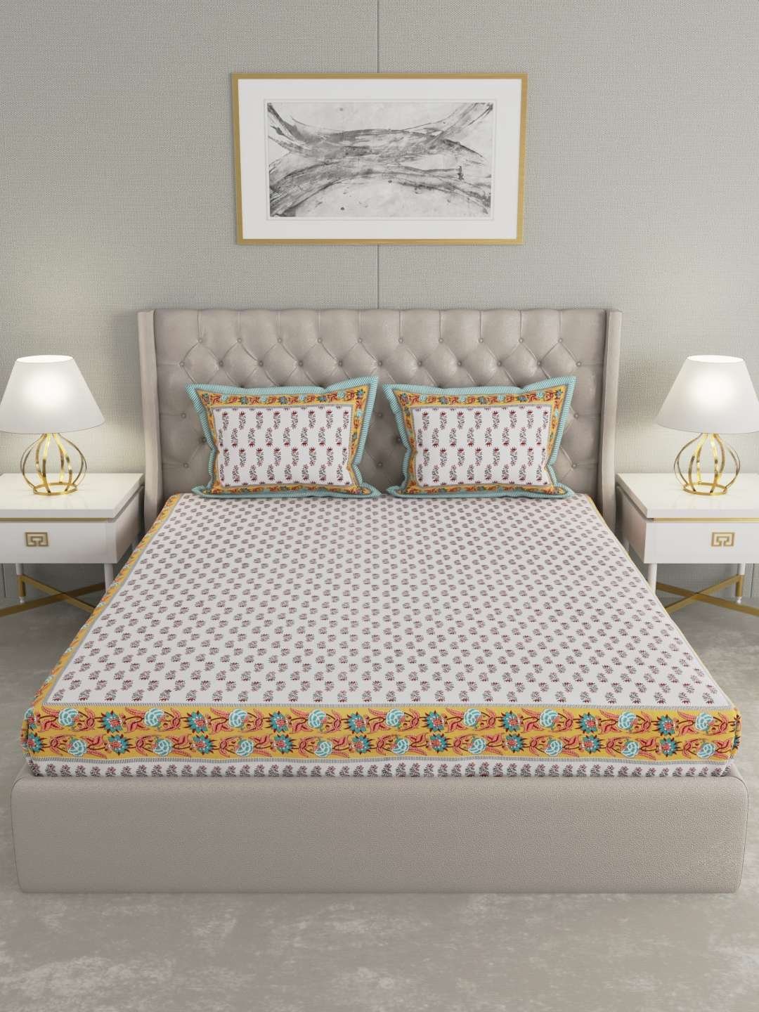 100% Pure Cotton Traditional Printed Bedsheet for Double Bed King Size Bedsheet with 2 Pillow Covers