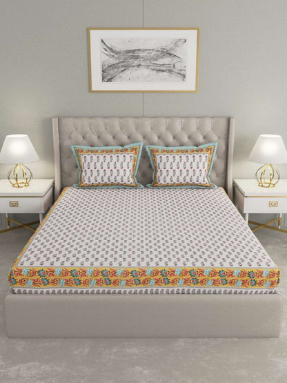 100% Pure Cotton Traditional Printed Bedsheet for Double Bed King Size Bedsheet with 2 Pillow Covers