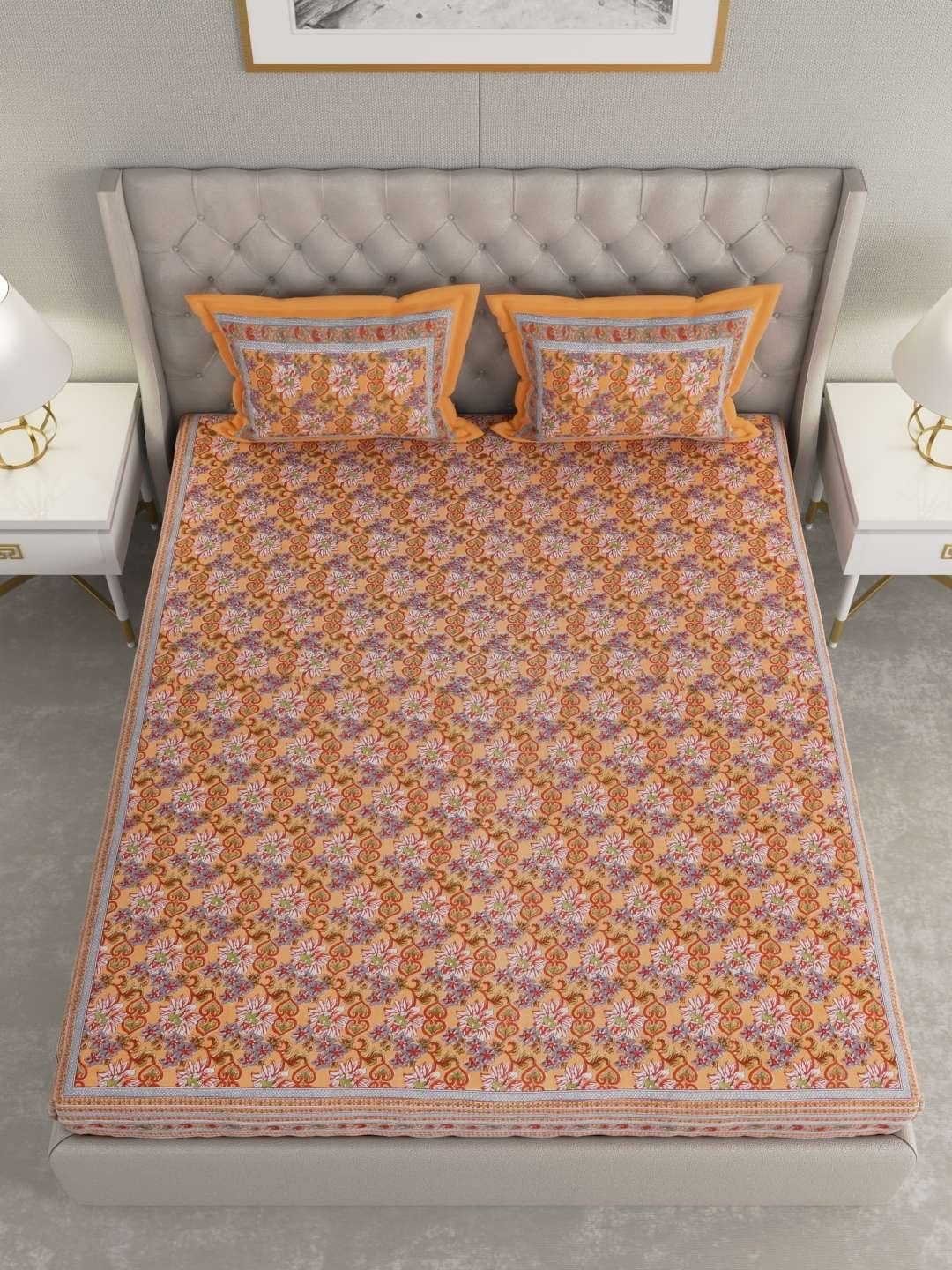 100% Pure Cotton Traditional Printed Bedsheet for Double Bed King Size Bedsheet with 2 Pillow Covers