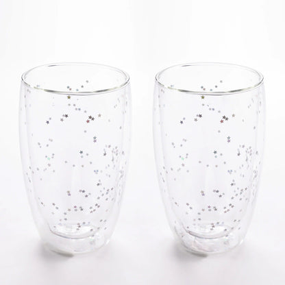 UMAI Double Wall Borosilicate Glass Coffee Mugs Set of 2 (450ml) | Starry Design | Transparent