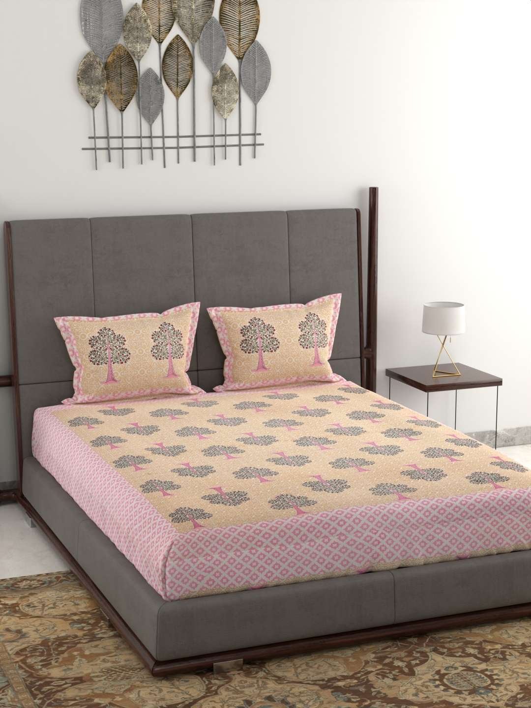 100% Pure Cotton Traditional Printed Bedsheet for Double Bed King Size Bedsheet with 2 Pillow Covers