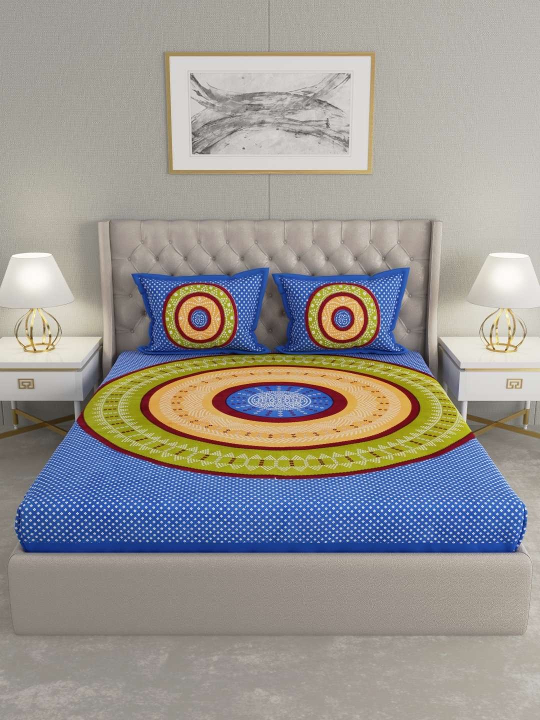 100% Pure Cotton Traditional Printed Bedsheet for Double Bed King Size Bedsheet with 2 Pillow Covers