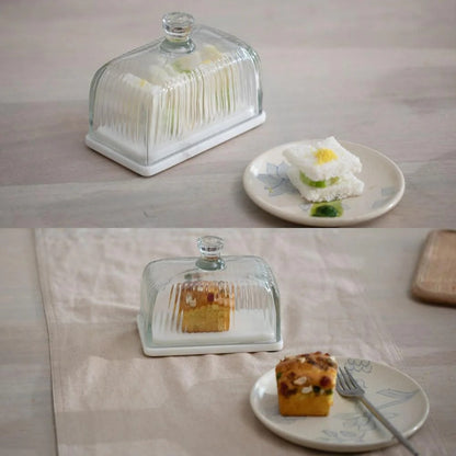 Ellementry Crown Glass and Marble Butter Dish Butter Keeper with Lid Serving Tray