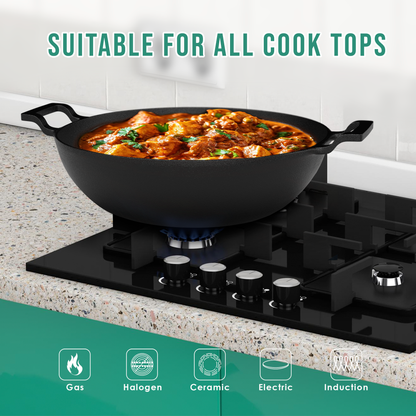 Esspy Pre Seasoned Cast Iron Kadhai With Silicon Handle Cover | Naturally Non Stick Kadai for Cooking | Gas & Induction Friendly | Woks | 100% Pure & Toxin-Free | No Chemical Coating | Fast & Even Heating