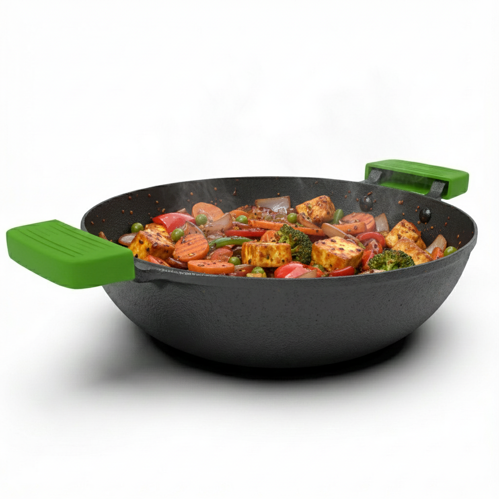Esspy Pre Seasoned Cast Iron Kadhai With Silicon Handle Cover | Naturally Non Stick Kadai for Cooking | Gas & Induction Friendly | Woks | 100% Pure & Toxin-Free | No Chemical Coating | Fast & Even Heating