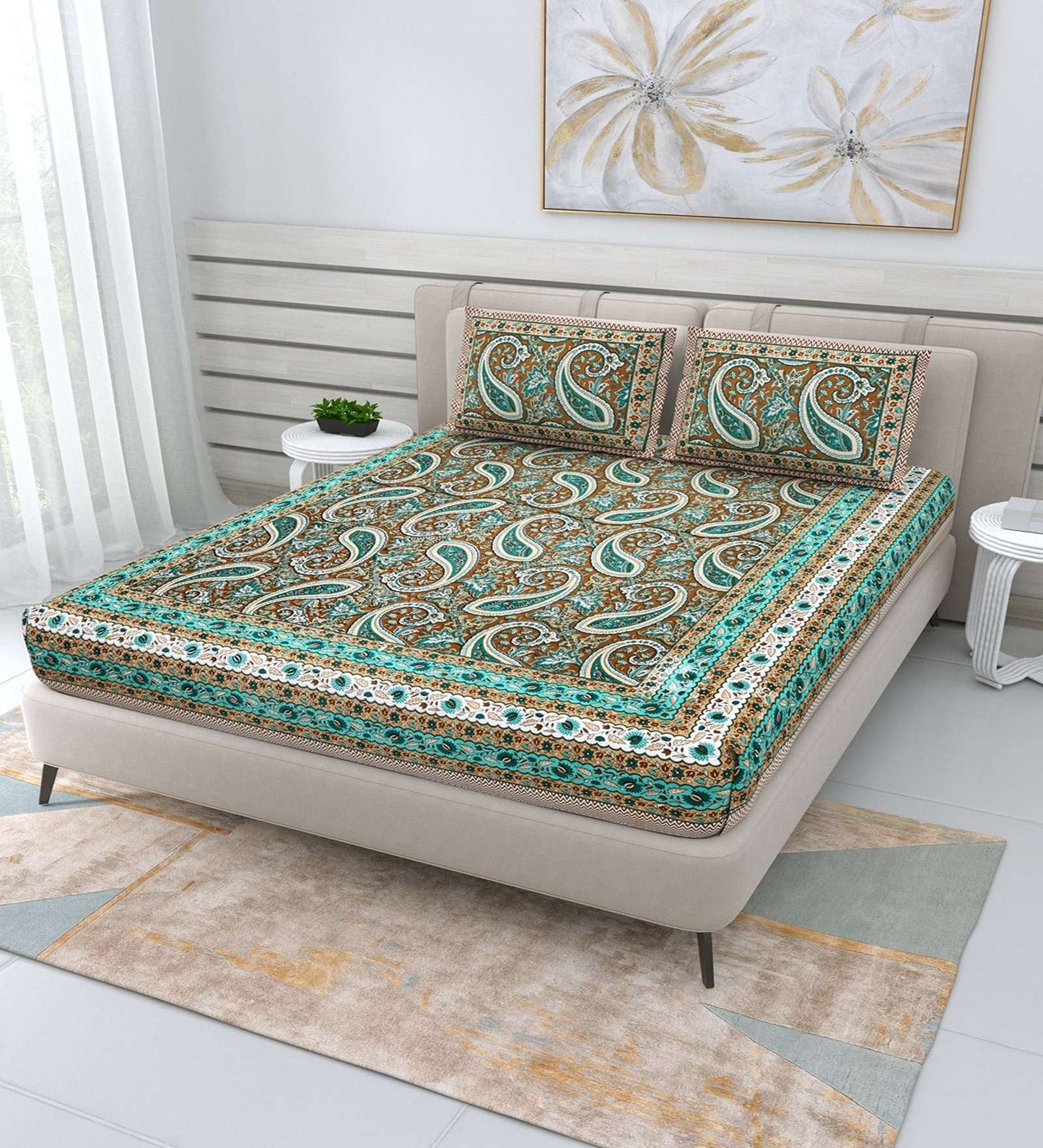 100% Pure Cotton Traditional Printed Bedsheet for Double Bed King Size Bedsheet with 2 Pillow Covers