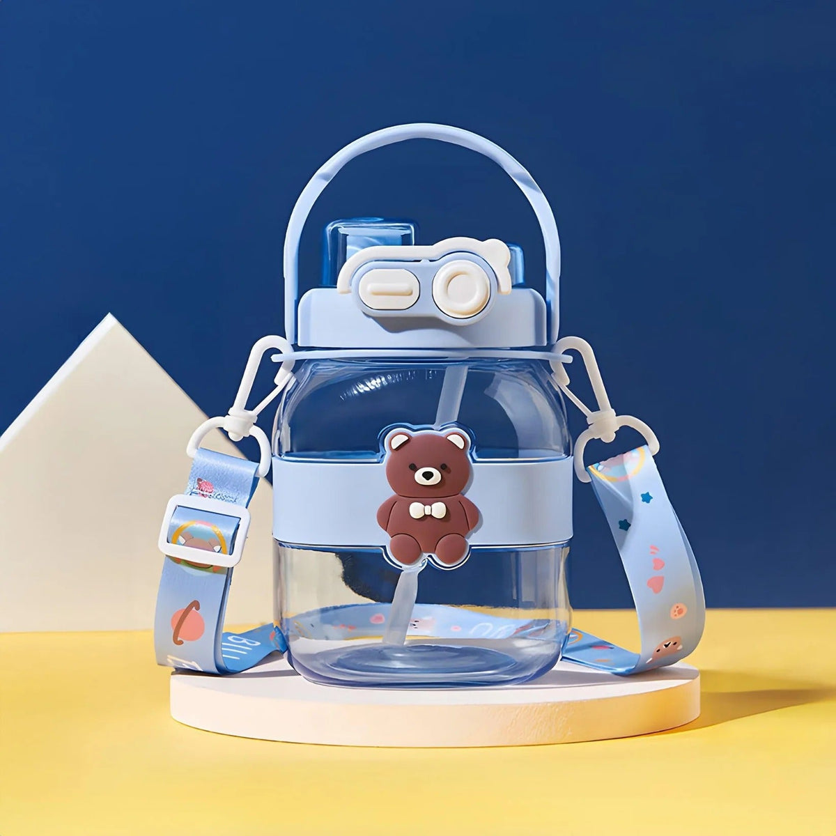 Kuber Industries Kids Water Bottle with Straw | Cute Teddy Bear Sipper | Locking Flip Lid | 1000ml | Blue