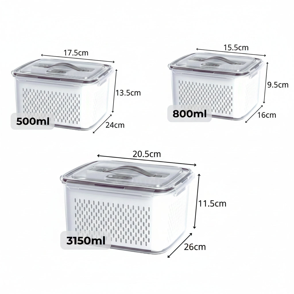 Homestic Pack of 3 Fridge Food Containers | Vegetable Fruit Boxes | Handheld Strainer Basket | Transparent