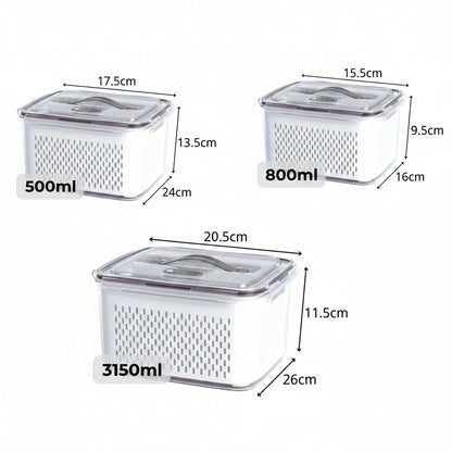Homestic Pack of 3 Fridge Food Containers | Vegetable Fruit Boxes | Handheld Strainer Basket | Transparent