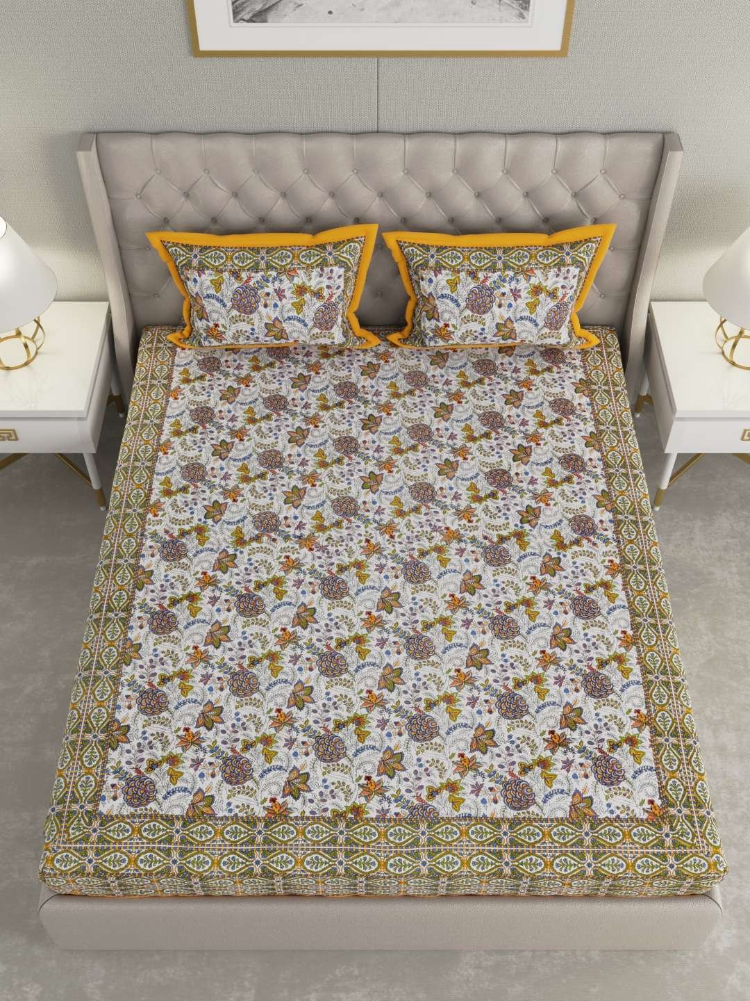 100% Pure Cotton Traditional Printed Bedsheet for Double Bed King Size Bedsheet with 2 Pillow Covers