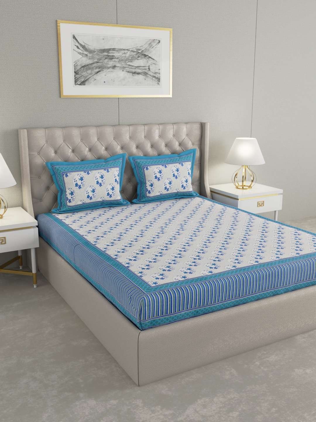 100% Pure Cotton Traditional Printed Bedsheet for Double Bed King Size Bedsheet with 2 Pillow Covers