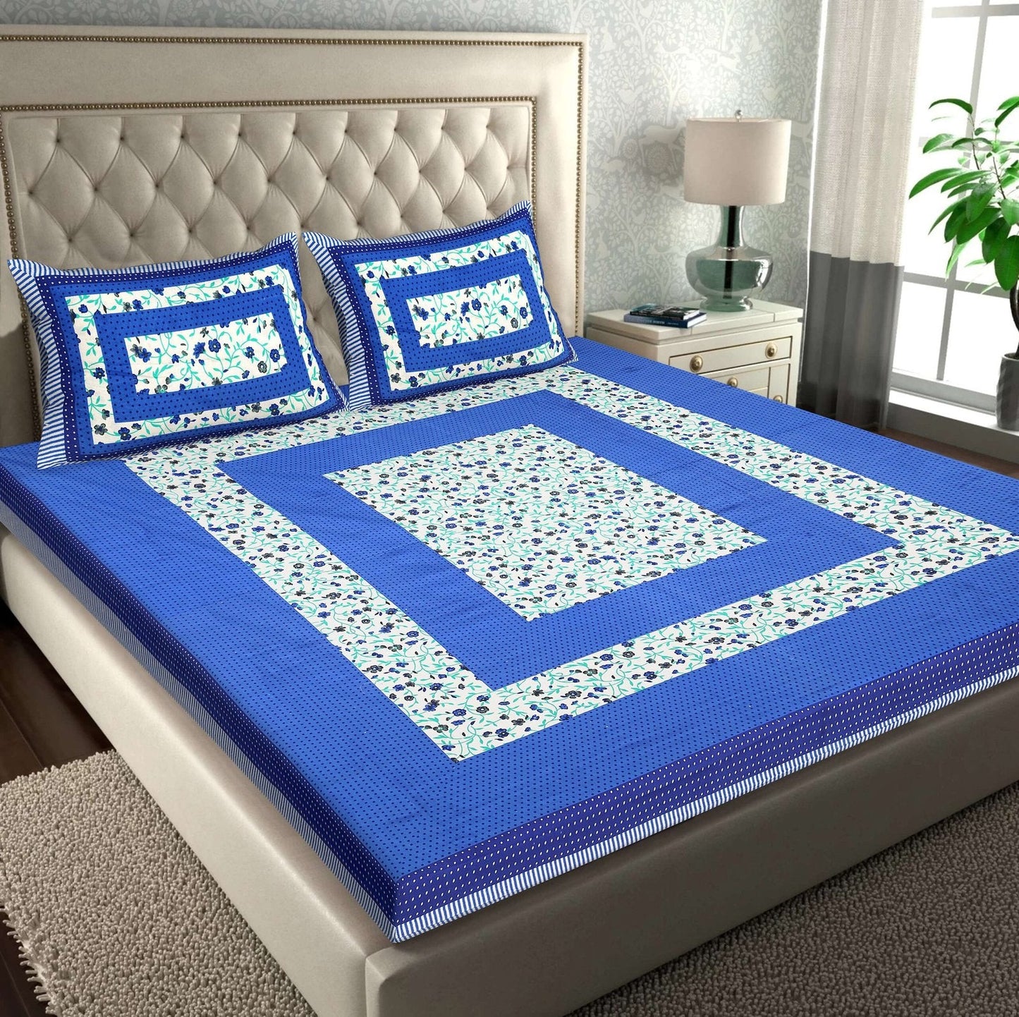 100% Pure Cotton Traditional Printed Bedsheet for Double Bed King Size Bedsheet with 2 Pillow Covers