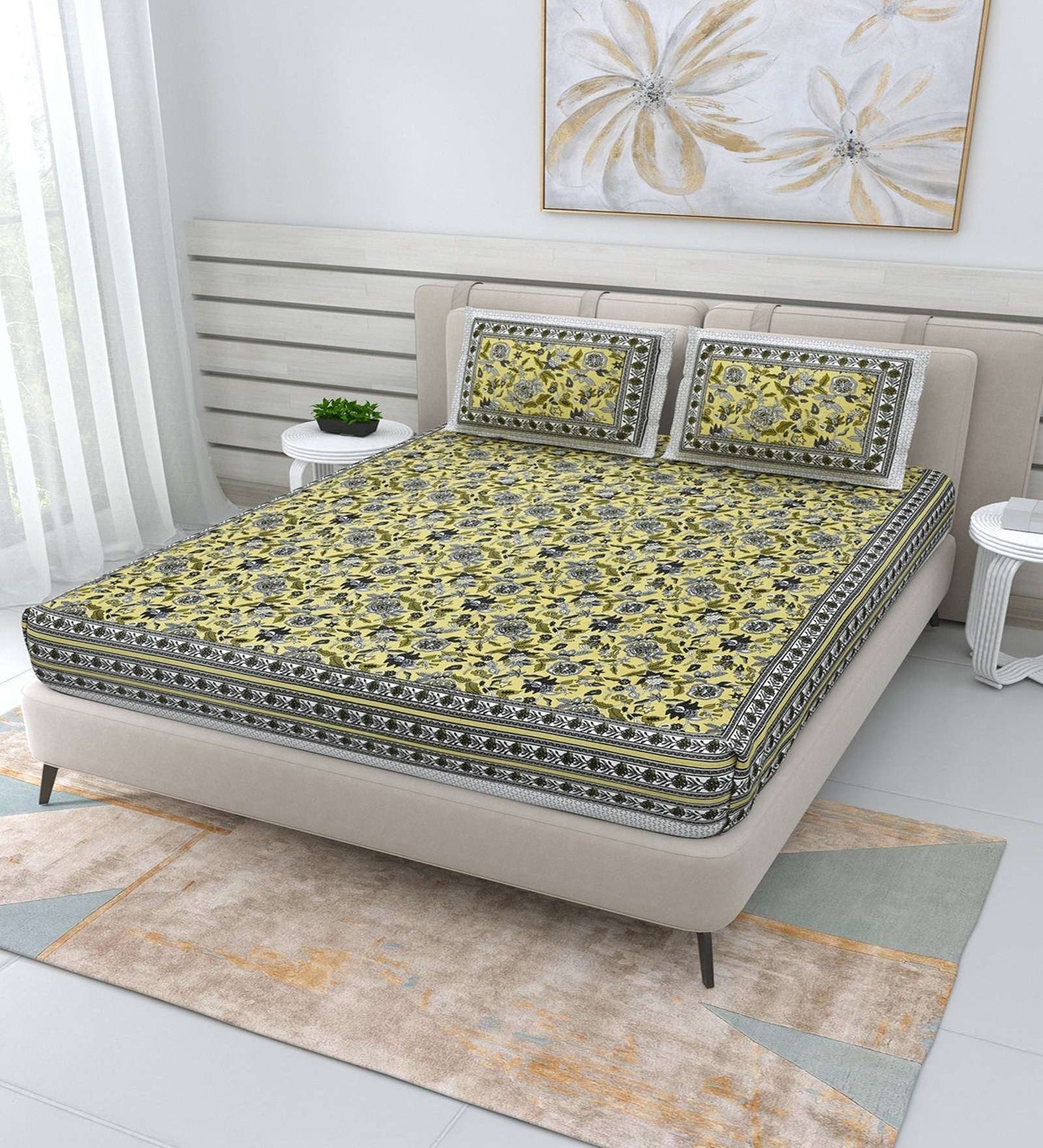 100% Pure Cotton Traditional Printed Bedsheet for Double Bed King Size Bedsheet with 2 Pillow Covers
