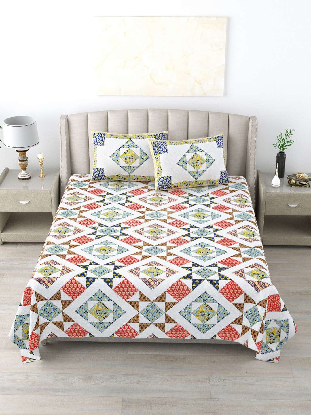 100% Pure Cotton Traditional Printed Bedsheet for Double Bed King Size Bedsheet with 2 Pillow Covers