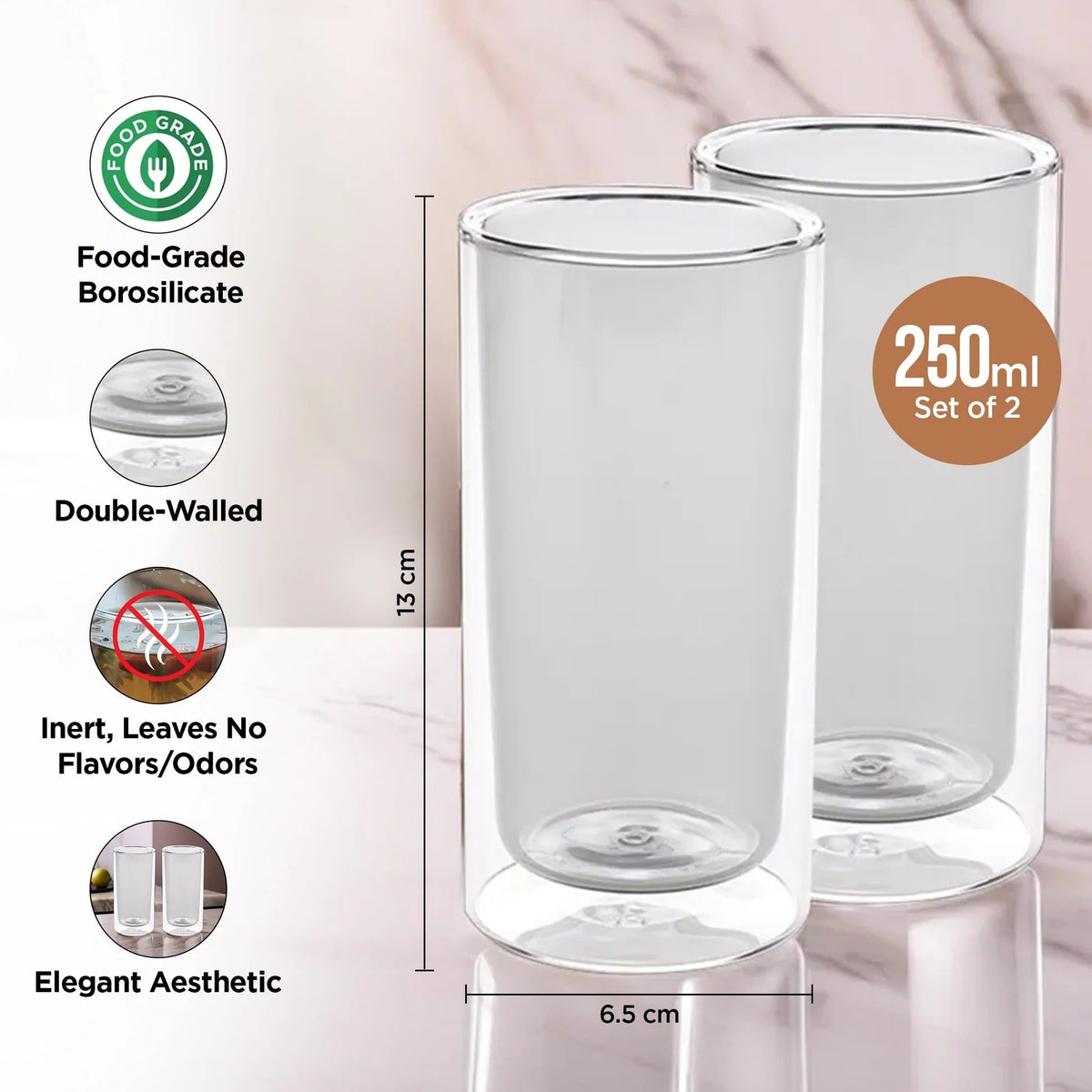 UMAI Double Wall Borosilicate Glass Coffee Mug Set of 2 (250ml) | Grey