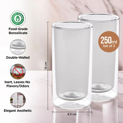 UMAI Double Wall Borosilicate Glass Coffee Mug Set of 2 (250ml) | Grey