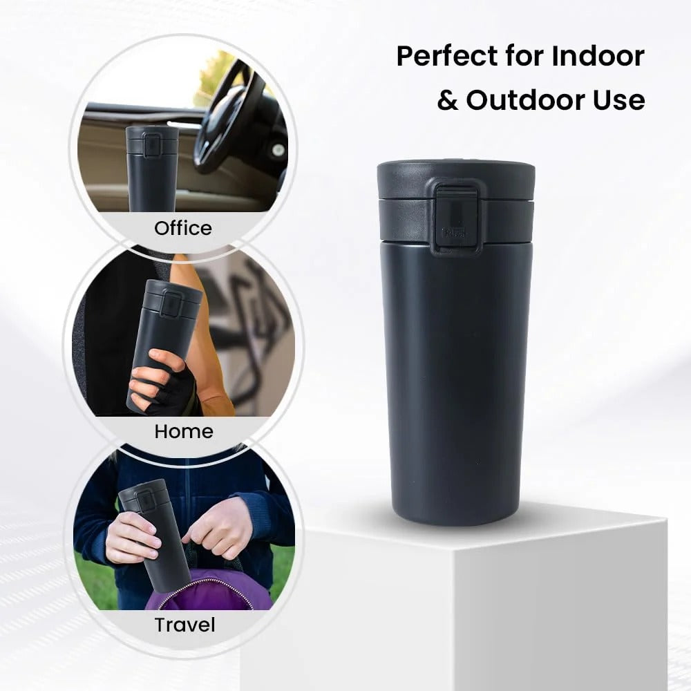 Kuber Industries Stainless Steel Insulated Coffee Tumbler with Sipper Lid | 380 ML | Black