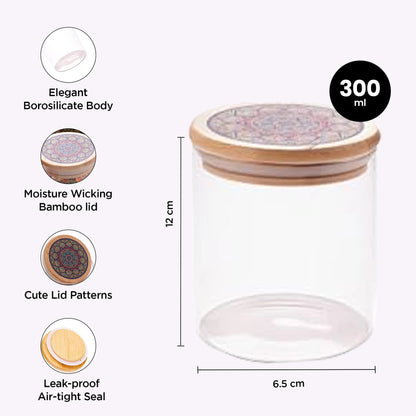 UMAI Pack of 6 Glass Kitchen Containers 300ml | Airtight | Printed Bamboo Lids