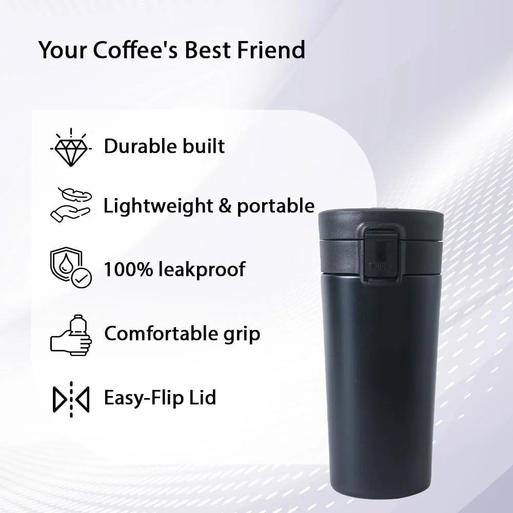 Kuber Industries Stainless Steel Insulated Coffee Tumbler with Sipper Lid | 380 ML | Black
