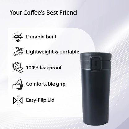 Kuber Industries Stainless Steel Insulated Coffee Tumbler with Sipper Lid | 380 ML | Black