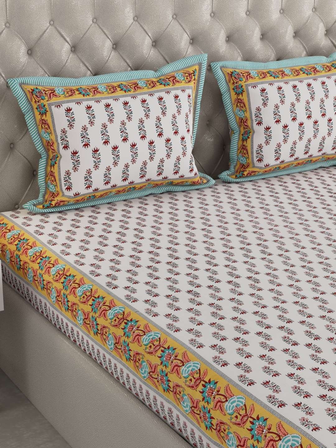 100% Pure Cotton Traditional Printed Bedsheet for Double Bed King Size Bedsheet with 2 Pillow Covers