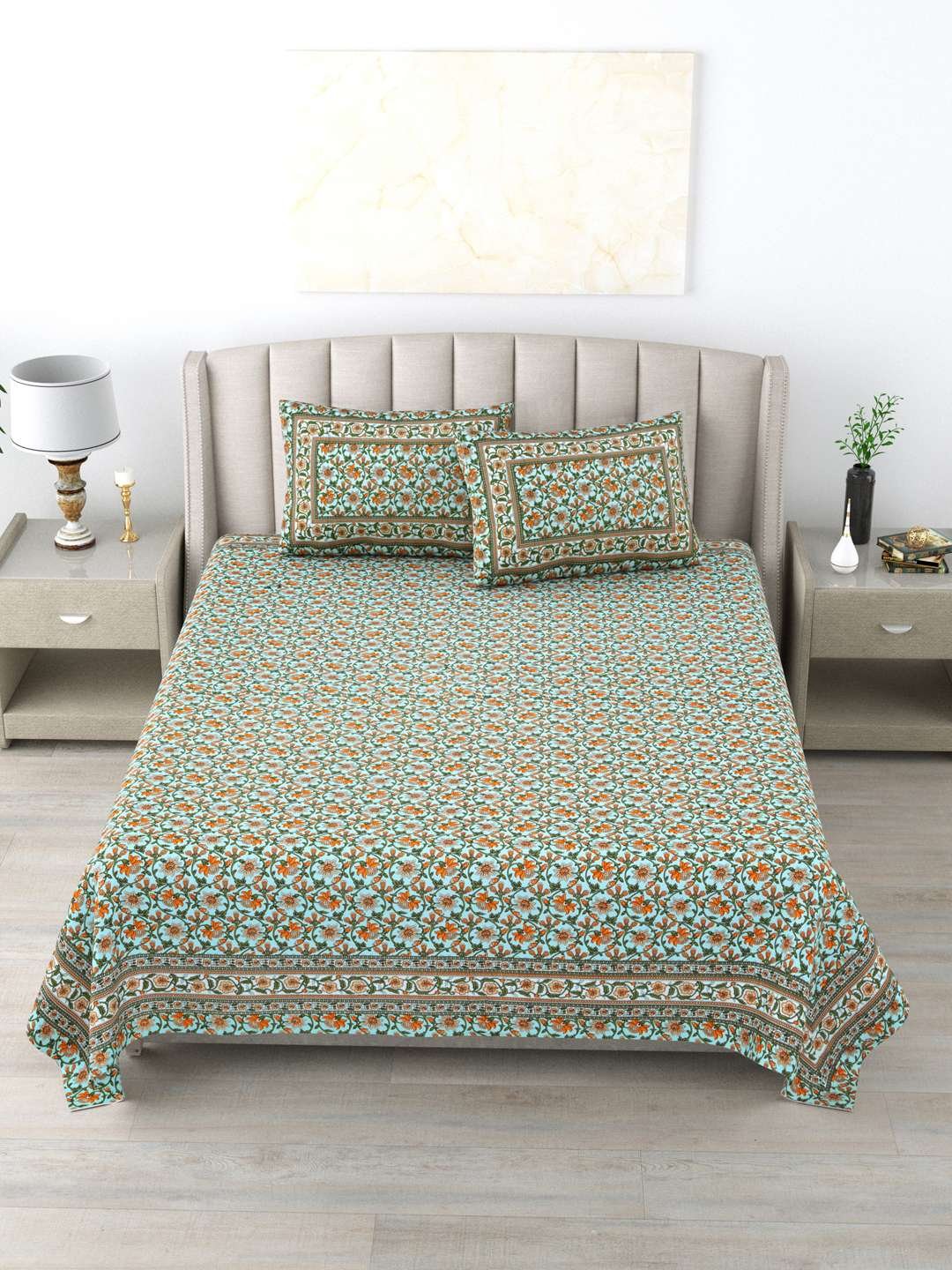 100% Pure Cotton Traditional Printed Bedsheet for Double Bed King Size Bedsheet with 2 Pillow Covers