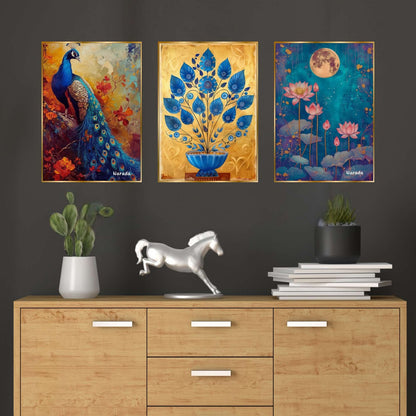 Set of Three Wall Paintings for Wall Dacoration Golden Framed Wall Paintings for Living Room & Bedroom Wall Art for Home Decoration & Office Wall Décor (18×12 inch CH-GD3-11)