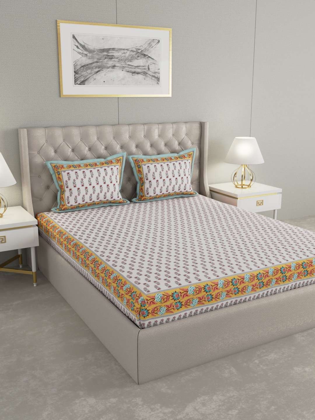 100% Pure Cotton Traditional Printed Bedsheet for Double Bed King Size Bedsheet with 2 Pillow Covers