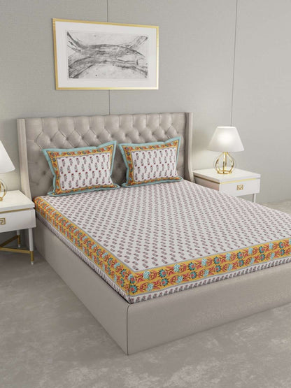 100% Pure Cotton Traditional Printed Bedsheet for Double Bed King Size Bedsheet with 2 Pillow Covers