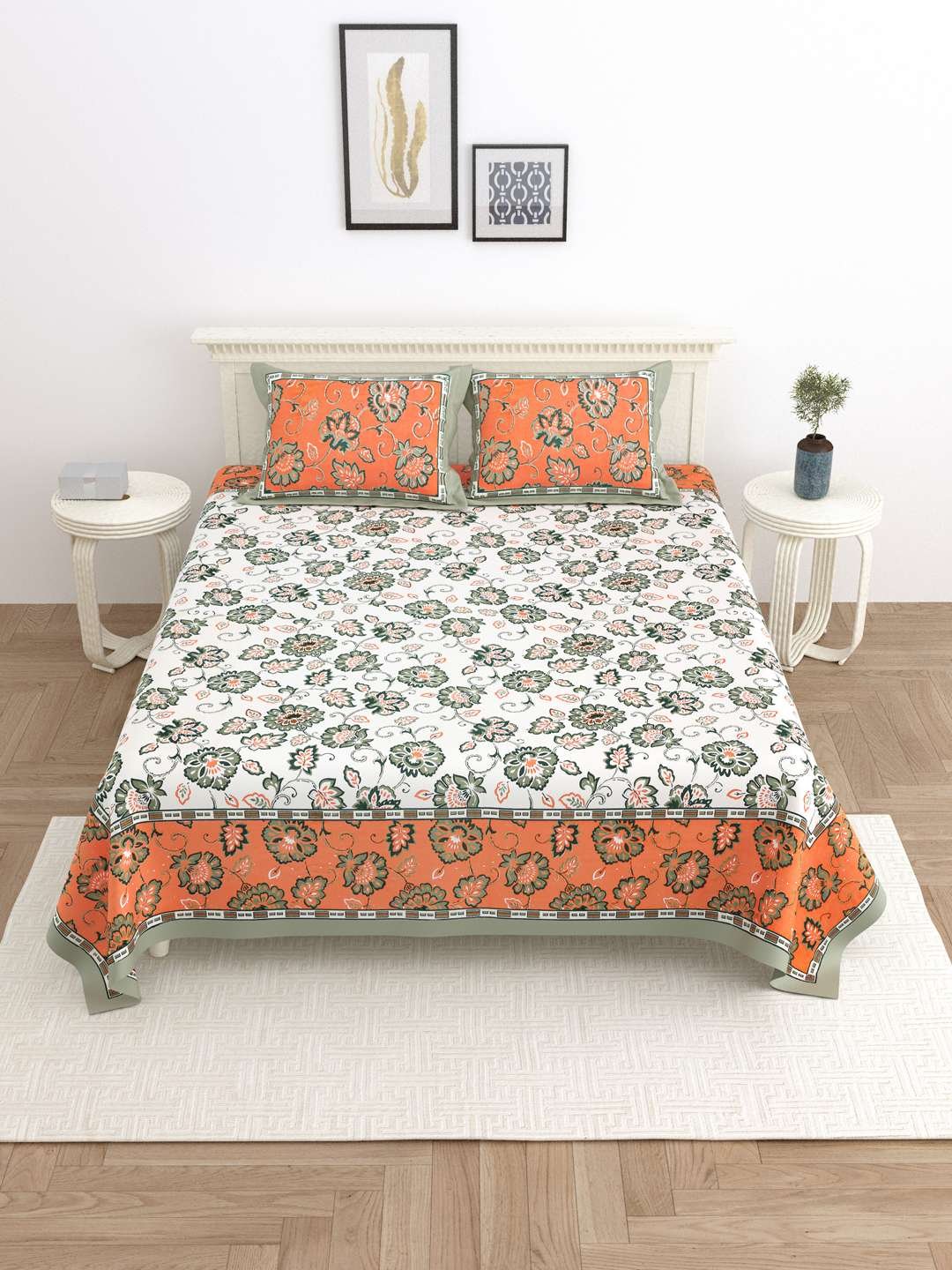 100% Pure Cotton Traditional Printed Bedsheet for Double Bed King Size Bedsheet with 2 Pillow Covers