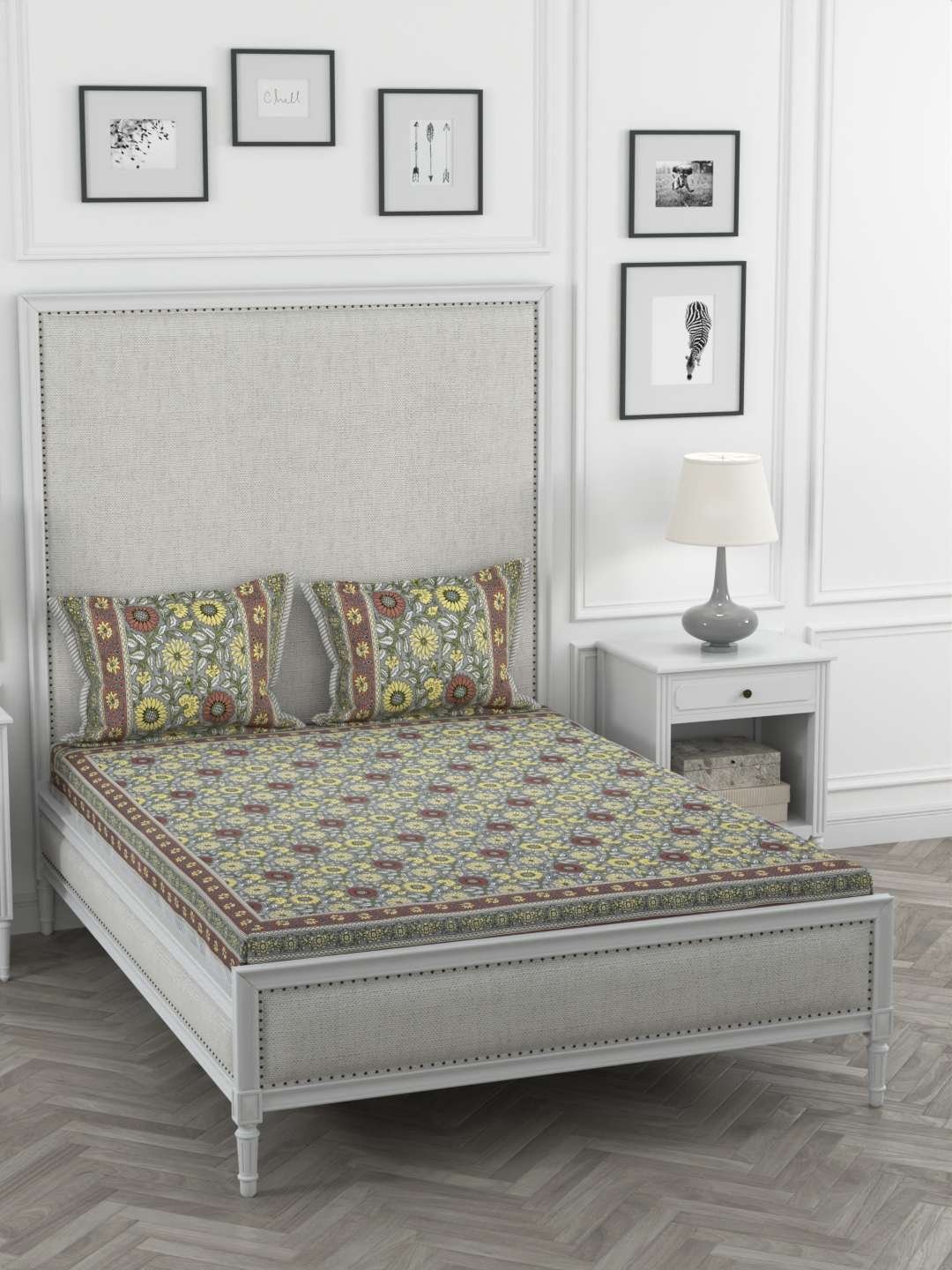 100% Pure Cotton Traditional Printed Bedsheet for Double Bed King Size Bedsheet with 2 Pillow Covers